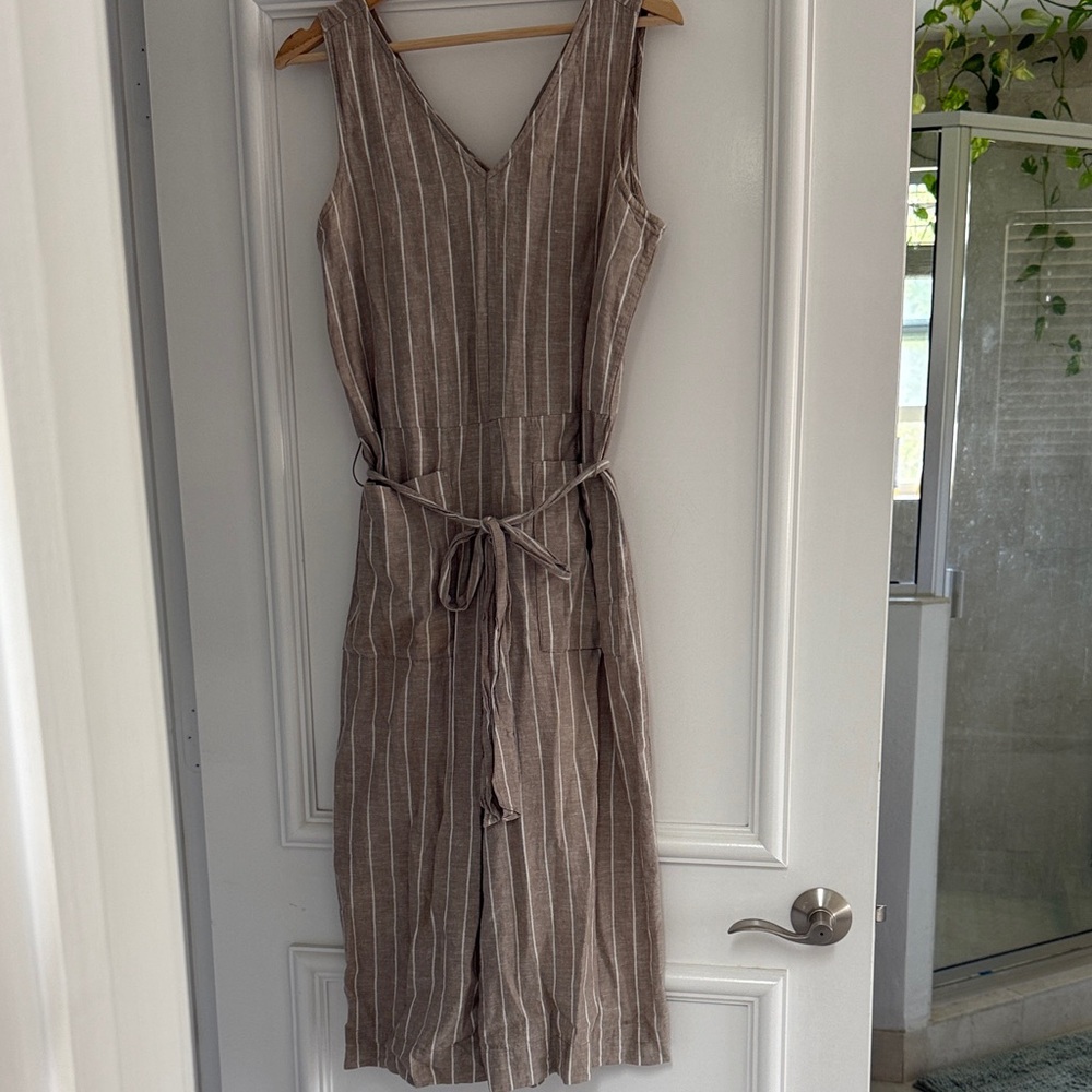 Sleeveless Taupe Striped V-Neck Linen Jumpsuit with Waist Tie